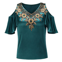 Load image into Gallery viewer, V-neck Embroidered Blouse Women Blusas Ruffle Sleeve Sexy Off-shoulder Slim Artificial Silk Blouse Women Elegant bluzki damskie