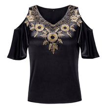 Load image into Gallery viewer, V-neck Embroidered Blouse Women Blusas Ruffle Sleeve Sexy Off-shoulder Slim Artificial Silk Blouse Women Elegant bluzki damskie