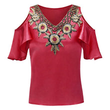 Load image into Gallery viewer, V-neck Embroidered Blouse Women Blusas Ruffle Sleeve Sexy Off-shoulder Slim Artificial Silk Blouse Women Elegant bluzki damskie