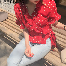 Load image into Gallery viewer, New 2020 Spring Summer Women&#39;s Blouse V-Neck Casual Fashionable Shirt Lace Up Bow Lantern Sleeve Heart Ruffles Short Tops BL1988
