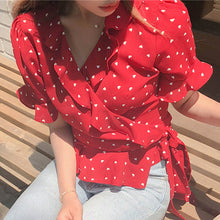 Load image into Gallery viewer, New 2020 Spring Summer Women&#39;s Blouse V-Neck Casual Fashionable Shirt Lace Up Bow Lantern Sleeve Heart Ruffles Short Tops BL1988
