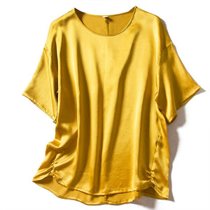 2020 Summer Women Blouse with Short Sleeve Real Silk Office Lady  Solid  O-Neck  Poplin Ladies Tops korean fashion yellow