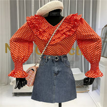 Load image into Gallery viewer, Prairie Chic  Polka Dot Print Women Blouse Ruffles Flare Sleeve V-Neck Full Sleeve Shirt Womans Fashion 2020 Ladies Blouses
