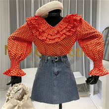 Load image into Gallery viewer, Prairie Chic  Polka Dot Print Women Blouse Ruffles Flare Sleeve V-Neck Full Sleeve Shirt Womans Fashion 2020 Ladies Blouses
