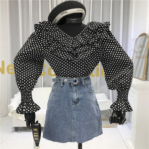 Prairie Chic  Polka Dot Print Women Blouse Ruffles Flare Sleeve V-Neck Full Sleeve Shirt Womans Fashion 2020 Ladies Blouses