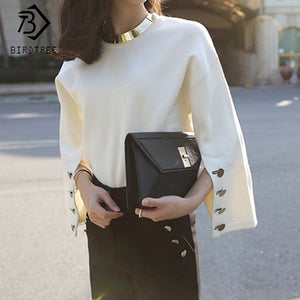 2020 Spring New Women's Office Lady Button Suede Shirt Fashion Long Flare Sleeve O-Neck Pullover Female Tops T03402O