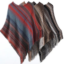 Load image into Gallery viewer, Women Asymmetric Knit Sueter Poncho Ladies Fashion Striped Poncho Cape Sweater Tassels Plus Size Elegant Pullover Poncho Femme
