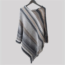 Load image into Gallery viewer, Women Asymmetric Knit Sueter Poncho Ladies Fashion Striped Poncho Cape Sweater Tassels Plus Size Elegant Pullover Poncho Femme
