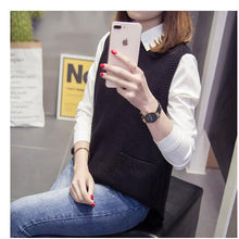 Load image into Gallery viewer, Fashion Patchwork Women Conservative Style V-neck Knitted Vest Free Size Plus Women Pullover Sweater Korean Sleeveless Vest 2020
